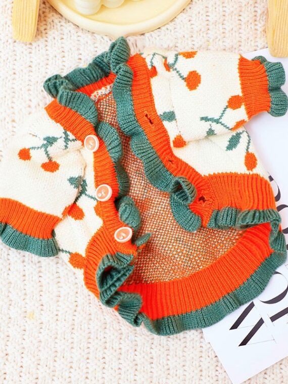 Dog Knitted Cardigan - Cute Cherry Print
